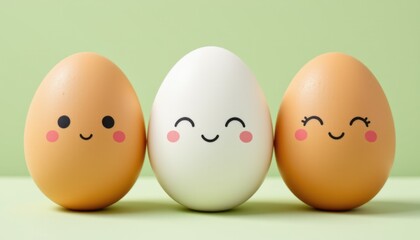 Happy eggs displaying emotions kitchen food photography colorful close-up whimsical vibes