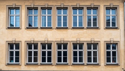 Obraz premium 縦に一直線に並ぶ正方形窓が映える伝統的古い住宅のシンメトリックなファサード