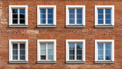 古レンガ壁のテクスチャと白枠の正方形窓が織りなす美しい規則性のディテール。

