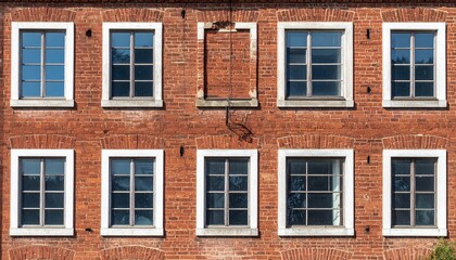 古レンガ壁のテクスチャと白枠の正方形窓が織りなす美しい規則性のディテール。

