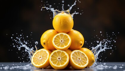Splashing fresh lemons stacked in water vibrant kitchen setting food photography close-up view culinary delight