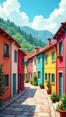 Obraz premium Retro style artwork of colorful houses in a village with watercolor effect, drawing, cottages, vintage