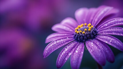 Fototapeta premium Purple Osteospermum flower glistens with water droplets in vibrant macro photography