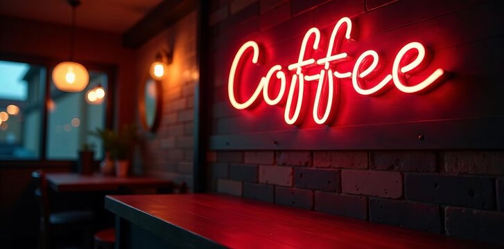 Retro-style coffee neon sign lighting up trendy urban cafe, design, night-life, vintage