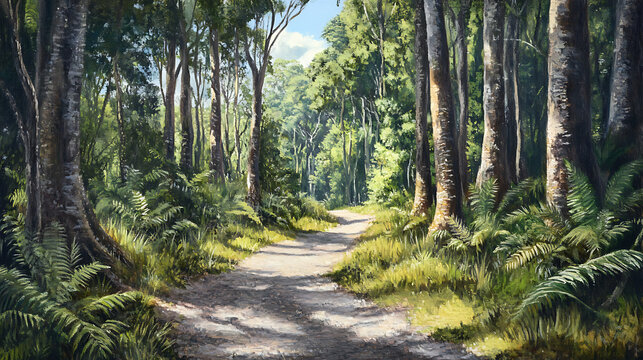 A peaceful hiking trail winding through the native kauri trees in Waipoua Forest, captured midjourney