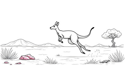 Jumping kangaroo outline, Australian desert scene, action animal drawing, kids coloring activity, marsupial art.