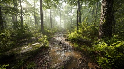 Obraz premium Dense forest at dawn with early morning mist covering fallen leaves and visible animal tracks on the ground, creating a peaceful and mysterious natural wilderness scene in soft morning light.