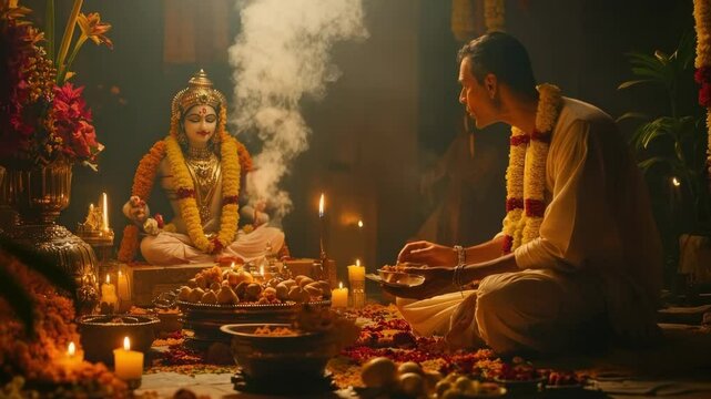People celebrating the festival with joyful dance and heartfelt prayers to the divine, surrounded by vibrant colors and cultural rhythms.