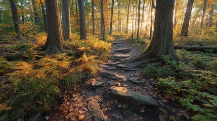 Naklejka premium Dense forest at dawn with early morning mist covering fallen leaves and visible animal tracks on the ground, creating a peaceful and mysterious natural wilderness scene in soft morning light.