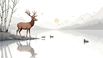 Deer coloring page, forest lake scene, wildlife line drawing, peaceful nature art, kids activity printable.