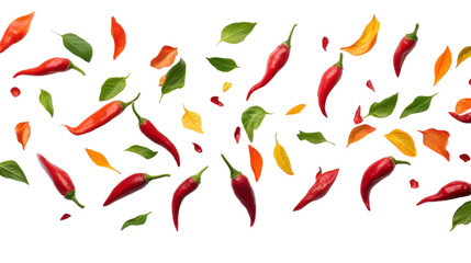 Flying Red Chili Peppers Isolated on White Background with Spicy Vivid Color and Dynamic Motion for Culinary and Ingredient Concepts
