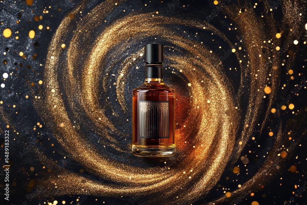 Poster elegant liquor bottle displayed on a sparkling dark background.