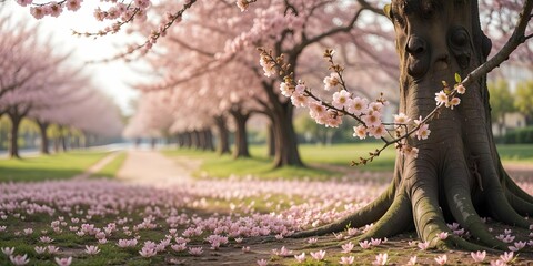  Cherry blossom tree with pink flowers, fallen petals on the ground, roots of the tree visible, park with cherry blossom trees in the background