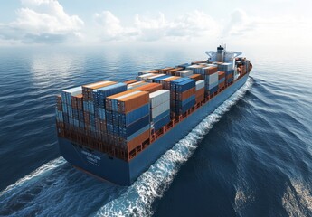 Fototapeta premium Container Ship Sailing on Calm Waters with Blue Sky and Clouds