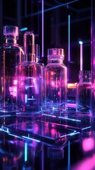 Futuristic neon beauty lab with glowing glass bottles and vibrant hues in a golden ratio layout at night