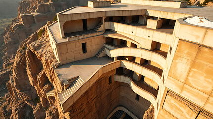 Fototapeta premium avant-garde brutalist fashion school, early 1980s architecture, perched on cliff edge, created by generative ai