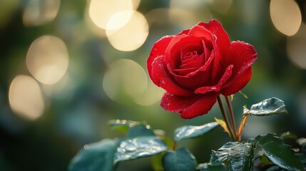 Radiant crimson rose against dreamy bokeh backdrop evoking a sense of romance