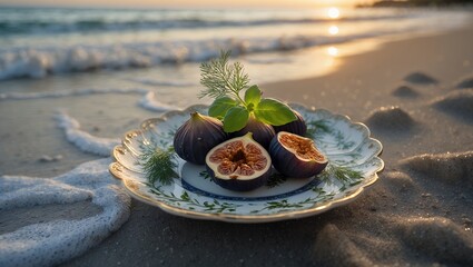 Figs with Dill and Basil on Plate by Ocean at Sunset