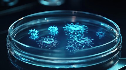 Futuristic petri dish showing evolving virus forms in holographic display, covid, advanced medical research.