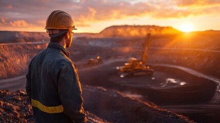 An engineer reflects on the expanse of a mine site bathed in the glow of sunrise