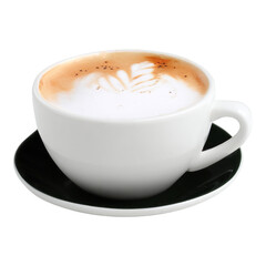 Obraz premium White Coffee Cup with Leaf Design on Latte Foam and Black Saucer