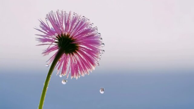 Ephemeral Petals: A close-up showcases a vibrant pink flower, its delicate petals adorned with glistening water droplets against a soft, atmospheric backdrop, symbolizing purity and renewal.