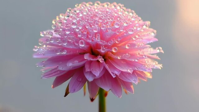 Dew Kissed Dahlia: A captivating close-up of a delicate pink dahlia, adorned with glistening dewdrops. A symbol of beauty and serenity.
