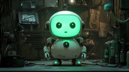 Small round robot in a dark workshop glowing green eyes futuristic technology