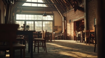 Rustic dining hall sunlit interior wooden tables chairs brick walls high ceiling vintage atmosphere