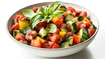 Bowl brimming with a fresh tomato, cucumber, and basil salad on a white surface