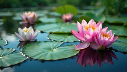 Water lilies form a natural floral pattern on a still lake, pink, water lilies