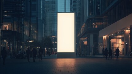Empty Advertising Billboard in Urban Night Landscape with Pedestrians