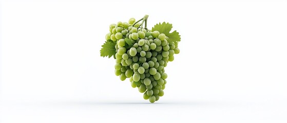 Bunch of green grapes with leaves on a plain white background