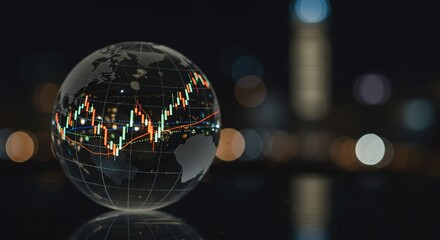 Globe with financial graph overlayed on a blurred city background at night.