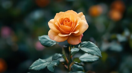 Elegant peach rose blossom, bathed in soft light, surrounded by lush greenery