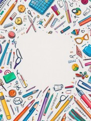 Colorful patterned background filled with school supplies creating a vibrant border, leaving a central space for a heading or message