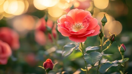 Radiant coral rose blossom amidst soft bokeh in the garden during springtime