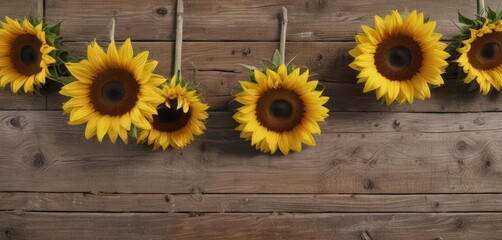 Sunflowers, various stages, displayed on weathered wood , wood, photography, harvest