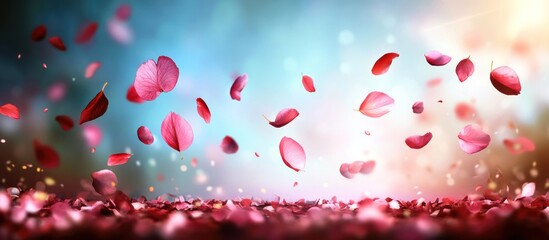 Obraz premium Romantic falling rose petals against a soft pastel bokeh background scene