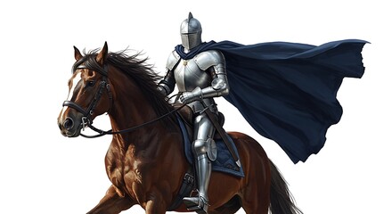 A noble knight on a rearing horse with cape flowing in the wind, dramatic posture centered on a white isolated background, heroic and intense,