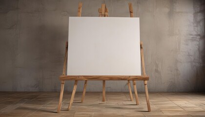 Rustic wooden easel base, blank canvas prominent ,  studio,  painting