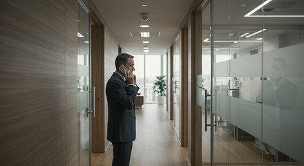 Leader making important decisions in a sleek modern office corridor.
