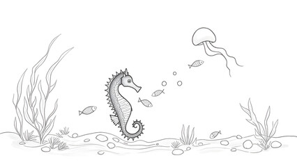 Seahorse and seaweed black-line drawing. Simple ocean coloring page for preschoolers with thick outlines.