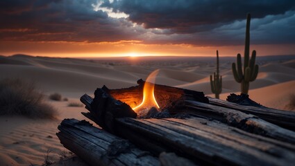 Burning Log in Desert Landscape with Sunset and Cactus Silhouette