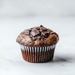 Delicious Chocolate Chip Muffin on White Surface with Soft Focus