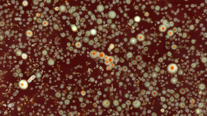 Microscopic view of diverse microorganisms in a viscous medium.  Clusters of various shapes and sizes, some with orange highlights, suspended in a dark reddish-brown liquid