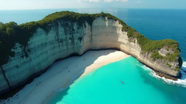 Cinematic FPV drone dive over dramatic cliffs, white sand beach, and turquoise ocean at iconic Kelingking Beach in Nusa Penida, Bali, Indonesia.