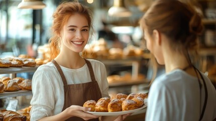 Smiling female bakery worker holding a plate of freshly baked pastries while serving a customer in a warm and inviting bakery setting