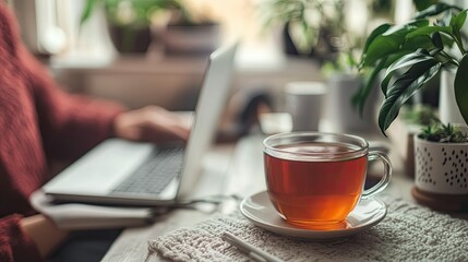 A cozy workspace scene featuring a person typing on a laptop with a steaming cup of tea on the table, surrounded by potted plants and a warm, inviting atmosphere