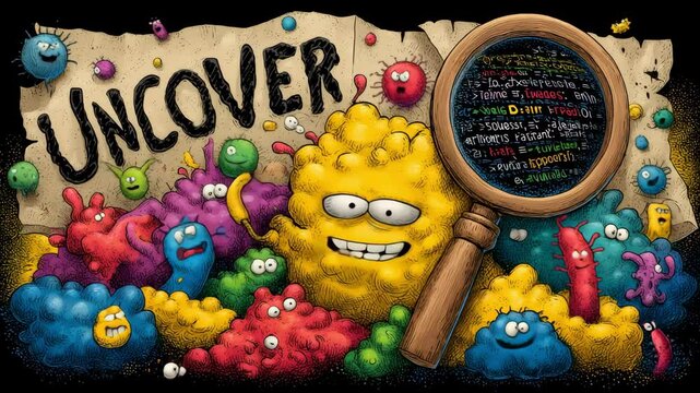 Animated germ characters under a magnifying glass wiggle on a colorful backdrop as the word 'UNCOVER' appears, using zany motions and bold hues. Flat graphic motion with zooms.